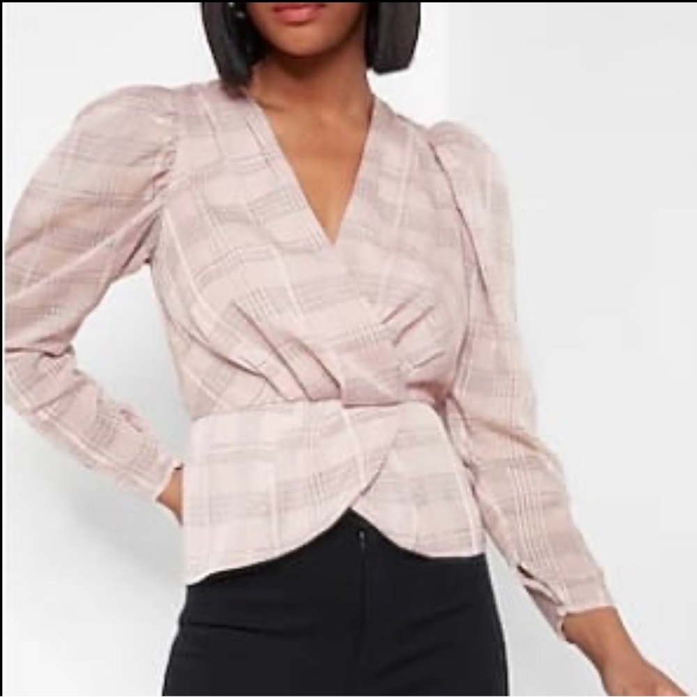 NWT Express Puff Sleeve Check Print Faux Wrap Peplum Top in Truffle Pink Size XS